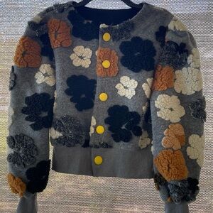 Women's Gray Floral Appliqué Button Sweater Jacket- Yellow Accent